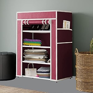 maison amp cuisine collapsible portable foldable wardrobe storage shelves organizer for clothes racks fabric almirah non rustable iron 4l maroon storage unit