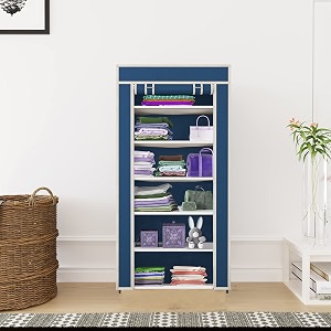 maison amp cuisine collapsible wardrobe storage shelves clothes racks fabric almirah non rustable iron blue