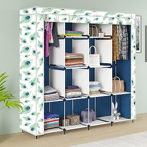maison amp cuisine printed collapsible wardrobe portable foldable closet for clothes almira 2 hanging space 12 shelves 1 side pocket non-woven fabric 100 gsm 7000-3 peacock blue