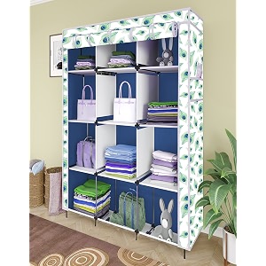 maison amp cuisine printed collapsible wardrobe portable foldable closet for clothes almira 12 shelves 1 side pocket non-woven fabric 100 gsm p 5000-3 peacock blue