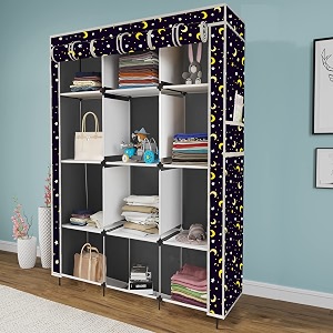maison amp cuisine printed collapsible wardrobe portable foldable closet for clothes almira 12 shelves 1 side pocket non-woven fabric 100 gsm p 5000-5 moon star grey