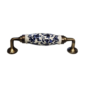 maison belle ceramic door handle gold antique finish - scratch proof 100 size 6 inch blue flower hand painted