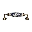 Maison Belle Ceramic Door Handle Gold Antique Finish - Scratch Proof 100% (Size 6 Inch, Blue Flower Hand Painted)