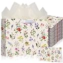 Maitys 12 Pack 12.6" Large Wildflower Gift Bags with Tissue Papers and Greeting Cards Elegant Flowers Floral Gift Wrapping Bags for Wedding Bridal Showers Birthday Baby Shower Party Decorations