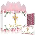 Maitys 12 Pack 12.6" Large Baptism God Bless Gift Bags with Tissue Papers &amp; Greeting Cards Pink Baptism Gift Wrapping Bag for Girls Confirmation First Communion Christian Religious Party Decorations