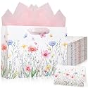 Maitys 12 Pack 12.6 Large Spring Floral Gift Bags with Tissue Papers and Greeting Cards Elegant Butterfly Flowers Gift Wrapping Bag for Wedding Bridal Showers Birthday Baby Shower Party Decorations