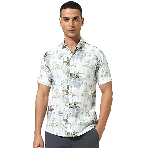 majestic man mens slim fit pure cotton printed casual shirt  short sleeve  premium breathable fabric  modern geometric design