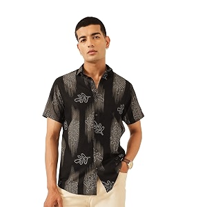 majestic man mens slim fit pure cotton printed casual shirt  short sleeve  premium breathable fabric  modern geometric design