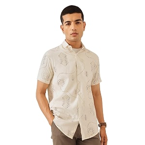 majestic man mens slim fit pure cotton printed casual shirt  short sleeve  premium breathable fabric  modern geometric design