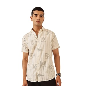 majestic man mens slim fit pure cotton printed casual shirt  short sleeve  premium breathable fabric  modern geometric design