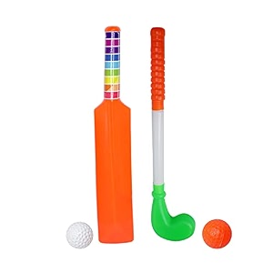 majik kids cricket bat ball set and hockey stick with 2 balls kids indoor and outdoor playing game multicolor
