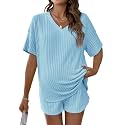 MakeMeChic Women's Maternity 2 Piece Sets Ribbed Shirt and Biker Shorts