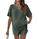 MakeMeChic Women's Maternity 2 Piece Sets Ribbed Shirt and Biker Shorts