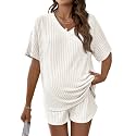 MakeMeChic Women's Maternity 2 Piece Sets Ribbed Shirt and Biker Shorts