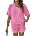 MakeMeChic Women's Maternity 2 Piece Sets Ribbed Shirt and Biker Shorts