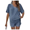 MakeMeChic Women's Maternity 2 Piece Sets Ribbed Shirt and Biker Shorts