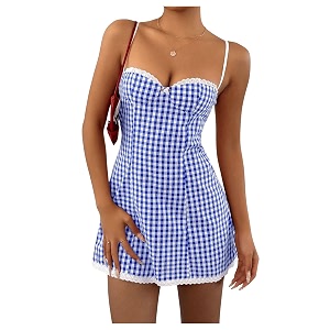 MakeMeChic Womens Plaid Gingham Lace Cami Dress
