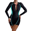 MakeMeChic Women's Tropical Print Zipper Front Long Sleeve One Piece Swimwear