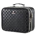 Makeup Bag with LED Lighted Mirror 12.2 IN Cosmetic Train Case Double Layer Makeup Case Adjustable Brightness in 3 Colors Cosmetic Organizer Artist Storage with Brush Holder Vanity Black Checkerboard