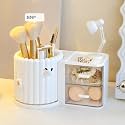 Makeup Organizer Countertop, 360 Rotating Makeup Brush Holder with 2 Drawer Organizer, Small Preppy Kids Desk Organizer, 9.25x5.11 Inch, White
