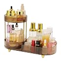 Makeup Organizer Rotating Perfume Tray 5-compartment Cosmetic and Skincare Organizers Makeup Brush Holder for Bathroom Vanity Bedroom Counter Countertop (Brown-Golden Foot Mat)