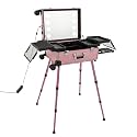 Makeup Train Case with 4 Rolling Wheels & Lights & Mirror Adjustable Legs Rolling Make-Up Case Cosmetic Train Table 12V Mobile Barber Station for Hairstylists Nail Tech (Pink)