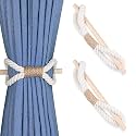 2 Pieces Boho Curtain Tiebacks Curtain Holdbacks Handmade Curtain Tie Backs with Wood Club Cotton Rope Tie Backs Curtain Pull Backs Curtain Ties for Drapes (Beige Cotton Rope, 2)