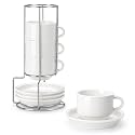 MALACASA 8 OZ Porcelain Espresso Cups with Saucers and Metal Stand Set of 4, Stackable Cappuccino Cups, White Expresso Shots Cup Set for Coffee Drinks, Latte, Tea