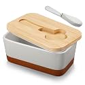 MALACASA Butter Dish with Lid, Large Butter Dish for Countertop, Ceramic Butter Keeper Container with Knife and Bamboo Lid, Gray, Series TARA