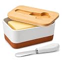 MALACASA Butter Dish with Lid, Large Butter Dish for Countertop, Ceramic Butter Keeper Container with Knife and Bamboo Lid, White, Series TARA