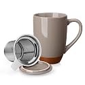 MALACASA Ceramic 18 oz Tea Mug with Lid and Infuser, Khaki Brown