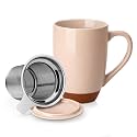 MALACASA Ceramic 18 oz Tea Mug with Lid and Infuser, Khaki Pink