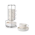 MALACASA Porcelain Espresso Cups Set of 4, with Saucers and Metal Stand, 2.5 Ounce Stackable Cappuccino Cups, Expresso Shots Cup Ceramic Demitasse Mugs, Marble White