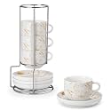 MALACASA Porcelain Espresso Cups Set of 4, with Saucers and Metal Stand, 8 Ounce Stackable Cappuccino Cups, Expresso Shots Cup Ceramic Demitasse Mugs, Marble White