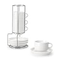 MALACASA Porcelain Espresso Cups Set of 4, with Saucers and Metal Stand, 4 Ounce Stackable Cappuccino Cups, Expresso Shots Cup Ceramic Demitasse Mugs, White