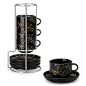 MALACASA Porcelain Espresso Cups Set of 4, with Saucers and Metal Stand, 8 Ounce Stackable Cappuccino Cups, Expresso Shots Cup Ceramic Demitasse Mugs, Marble Black