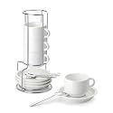 MALACASA Porcelain Espresso Cups Set of 4, with Saucers and Metal Stand, 4 Ounce Stackable Cappuccino Cups, Expresso Shots Cup Ceramic Demitasse Mugs, White with Spoon