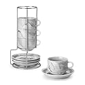 MALACASA Porcelain Espresso Cups Set of 4, with Saucers and Metal Stand, 4 Ounce Stackable Cappuccino Cups, Expresso Shots Cup Ceramic Demitasse Mugs, Marble Gray