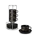 MALACASA Porcelain Espresso Cups Set of 4, with Saucers and Metal Stand, 2.5 Ounce Stackable Cappuccino Cups, Expresso Shots Cup Ceramic Demitasse Mugs, Marble Black