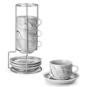 MALACASA Porcelain Espresso Cups Set of 4, with Saucers and Metal Stand, 8 Ounce Stackable Cappuccino Cups, Expresso Shots Cup Ceramic Demitasse Mugs, Marble Gray