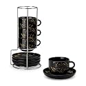 MALACASA Porcelain Espresso Cups Set of 4, with Saucers and Metal Stand, 4 Ounce Stackable Cappuccino Cups, Expresso Shots Cup Ceramic Demitasse Mugs, Marble Black