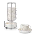 MALACASA Porcelain Espresso Cups Set of 4, with Saucers and Metal Stand, 4 Ounce Stackable Cappuccino Cups, Expresso Shots Cup Ceramic Demitasse Mugs, Marble White