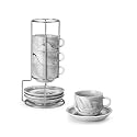 MALACASA Porcelain Espresso Cups Set of 4, with Saucers and Metal Stand, 2.5 Ounce Stackable Cappuccino Cups, Expresso Shots Cup Ceramic Demitasse Mugs, Marble Gray