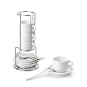 MALACASA Porcelain Espresso Cups Set of 4, with Saucers and Metal Stand, 2.5 Ounce Stackable Cappuccino Cups, Expresso Shots Cup Ceramic Demitasse Mugs, White with Spoon