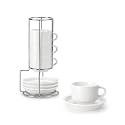 MALACASA Porcelain Espresso Cups Set of 4, with Saucers and Metal Stand, 2.5 Ounce Stackable Cappuccino Cups, Expresso Shots Cup Ceramic Demitasse Mugs, White