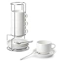 MALACASA Porcelain Espresso Cups Set of 4, with Saucers and Metal Stand, 8 Ounce Stackable Cappuccino Cups, Expresso Shots Cup Ceramic Demitasse Mugs, White with Spoon