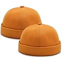 2 Pcs Mens Brimless Docker Cap Set - Retro Worker Sailor Skull Cap Beanie with Rolled Cuff