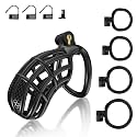 Male Chastity Device Cock Cage - UTIMI Lightweight Plastic Chastity Cage for Man Penis Exercise 3D Printed Black Bondage Gear Adult Sex Toy with 4 Sizes Removable Rings Invisible Lock and Key