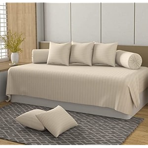 mallowworld beautiful solid satin stripe diwan set covers 8 pieces designer printed standard diwan set with 1 single bedsheet size 60x90 5 cushions covers and 2 bolster covers cream color