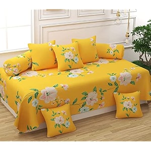 mallowworld beautiful solid satin stripe diwan set covers 8 pieces designer printed standard diwan set with 1 single bedsheet size 60x90 5 cushions covers and 2 bolster covers baby yellow color